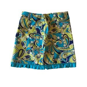 Carolina Blues Blue & Lime Floral Paisley Ruffled Mini Skirt Women's SZ 14 Y2K B